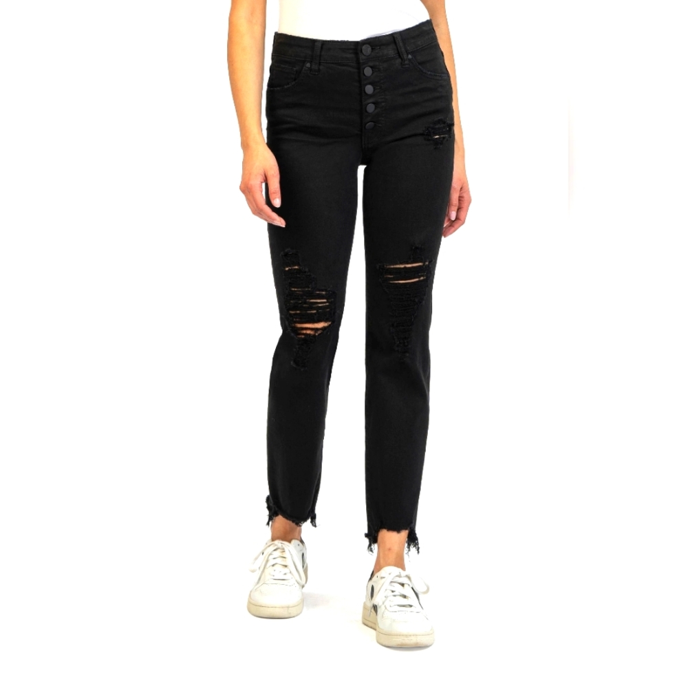 Kut from the Kloth Reese FabAb Exposed Button HighWaist RawHem StraightLeg Jeans